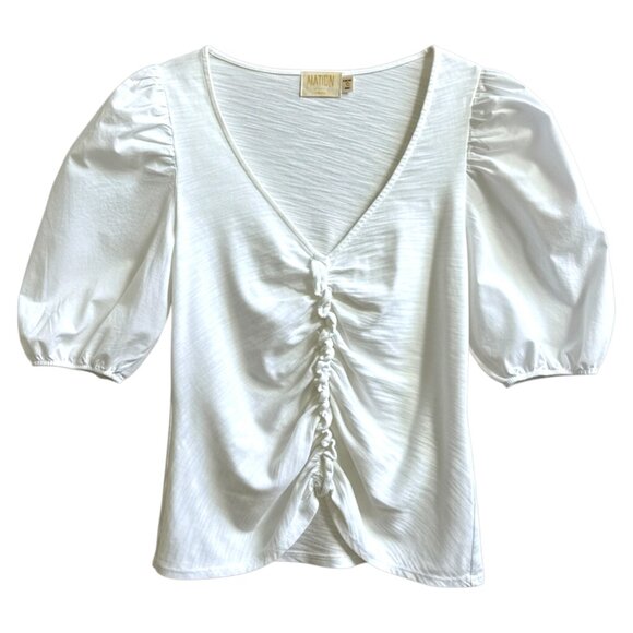 Nation LTD Giada Ruched Puff Sleeve Blouse White Cotton Designer Top S - Picture 2 of 9
